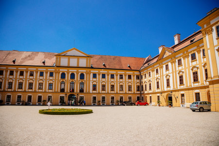 Jaromerice nad Rokytnou, Bohemia, Czech Republic, 06 July 2021: Baroque romantic chateau with park, medieval renaissance castle at summer sunny day, geometrically trimmed green bushes in garden.のeditorial素材