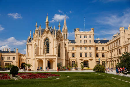 Lednice, Southern Moravia, Czech Republic, 04 July 2021: chateau with beautiful gardens, flower parks on sunny summer day, neo-gothic romantic castle, UNESCO World Heritage, Lednice Valtice Landscape.のeditorial素材
