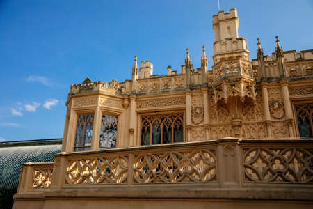 Lednice, Southern Moravia, Czech Republic, 04 July 2021: chateau with beautiful gardens, flower parks on sunny summer day, neo-gothic romantic castle, UNESCO World Heritage, Lednice Valtice Landscape.のeditorial素材