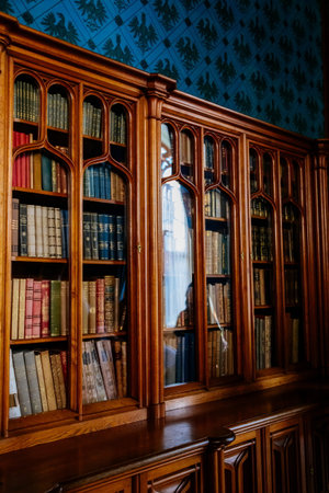 Lednice, Southern Moravia, Czech Republic, 04 July 2021: Castle interior with neo-gothic wooden carved ceiling and furniture, library with bookcases, books on shelves behind carved glass doors.のeditorial素材