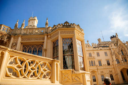 Lednice, Southern Moravia, Czech Republic, 04 July 2021: chateau with beautiful gardens, flower parks on sunny summer day, neo-gothic romantic castle, UNESCO World Heritage, Lednice Valtice Landscape.のeditorial素材