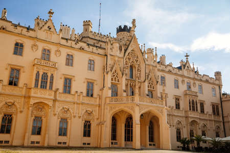 Lednice, Southern Moravia, Czech Republic, 04 July 2021: chateau with beautiful gardens, flower parks on sunny summer day, neo-gothic romantic castle, UNESCO World Heritage, Lednice Valtice Landscape.のeditorial素材