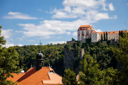 Vranov nad dyji, Southern Moravia, Czech Republic, 03 July 2021: baroque and gothic medieval castle with Chapel of the Holy Trinity on hill at sunny summer day, stone tower against the blue sky.のeditorial素材