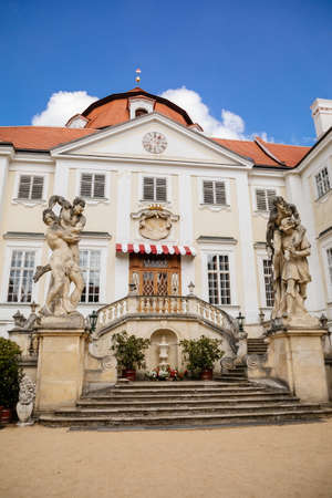 Vranov nad dyji, Southern Moravia, Czech Republic, 03 July 2021: entrance to baroque and gothic medieval castle on hill at sunny summer day, courtyard with antique statues, stairs next to fountain.のeditorial素材