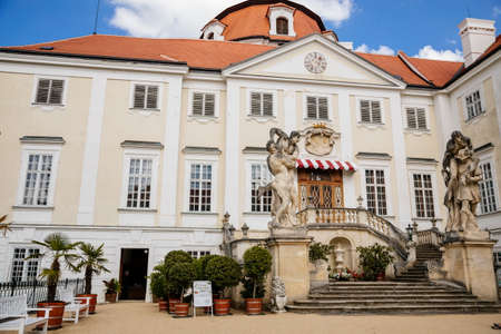 Vranov nad dyji, Southern Moravia, Czech Republic, 03 July 2021: entrance to baroque and gothic medieval castle on hill at sunny summer day, courtyard with antique statues, stairs next to fountain.のeditorial素材