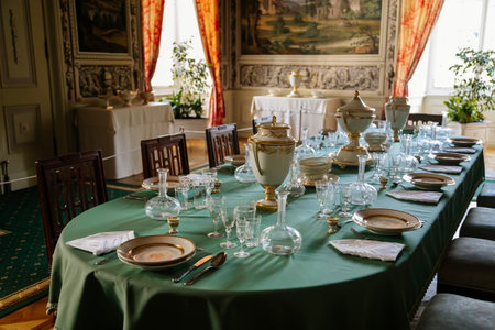 Vranov nad dyji, Southern Moravia, Czech Republic, 03 July 2021: Castle interior with baroque wooden carved furniture, dining room with painted walls, porcelain service and crystal glasses on table.のeditorial素材
