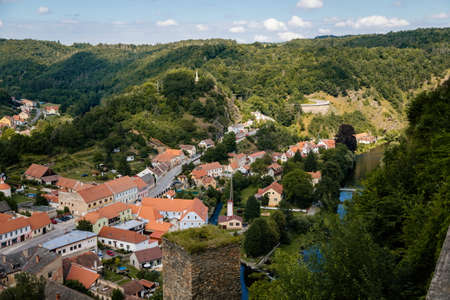Vranov nad dyji, Southern Moravia, Czech Republic, 03 July 2021: medieval town on river bank, Narrow picturesque street with gothic, renaissance and baroque historical buildings at summer sunny day.のeditorial素材
