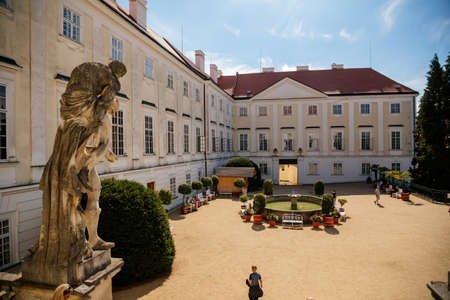 Vranov nad dyji, Southern Moravia, Czech Republic, 03 July 2021: entrance to baroque and gothic medieval castle on hill at sunny summer day, courtyard with antique statues, stairs next to fountain.のeditorial素材