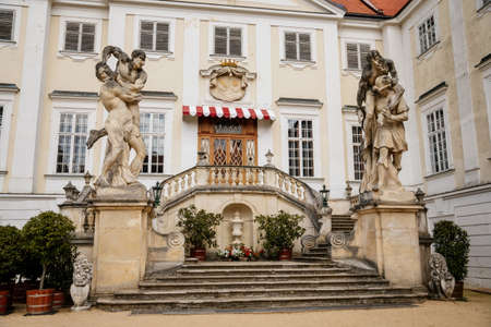 Vranov nad dyji, Southern Moravia, Czech Republic, 03 July 2021: entrance to baroque and gothic medieval castle on hill at sunny summer day, courtyard with antique statues, stairs next to fountain.のeditorial素材