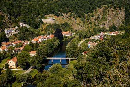 Vranov nad dyji, Southern Moravia, Czech Republic, 03 July 2021: medieval town on river bank, Narrow picturesque street with gothic, renaissance and baroque historical buildings at summer sunny day.のeditorial素材