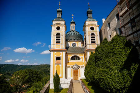 Vranov nad dyji, Southern Moravia, Czech Republic, 03 July 2021: baroque and gothic medieval castle with Chapel of the Holy Trinity on hill at sunny summer day, stone tower against the blue sky.のeditorial素材