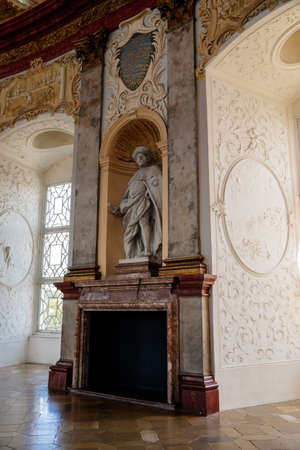 Vranov nad dyji, Southern Moravia, Czech Republic, 03 July 2021: Castle interior of monumental baroque Hall of Ancestors with frescoes and marble statues, painted walls and shrouds, oval windows.のeditorial素材