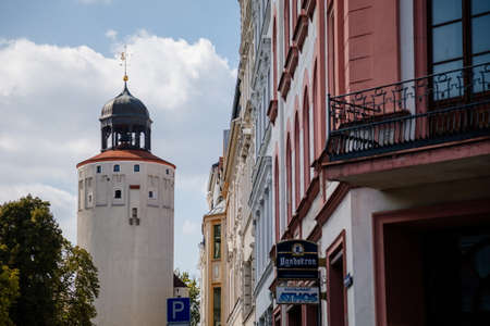 Goerlitz, Germany, 04 September 2021: gothic renaissance massive Thick Tower or Dicker Turm with Sandstone Relief at Marienplatz in historical center, part of medieval fortification, sunny summer day.のeditorial素材