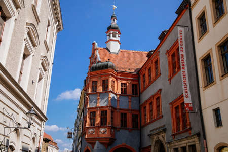 Goerlitz, Saxony, Germany, 04 September 2021: old historic renaissance building Schonhof with red...