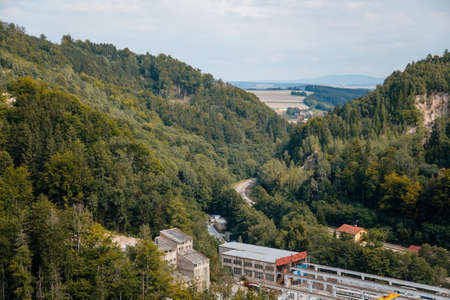 Litice nad Orlici, Eastern Bohemia, Czech Republic, 11 September 2021: Ruins of medieval castle, view from tower to rooftops of forest and hills at sunny day, landmark in countryside.のeditorial素材