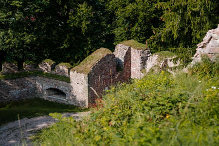 Litice nad Orlici, Eastern Bohemia, Czech Republic, 11 September 2021: Ruins of medieval castle on hill, old stronghold with stone tower, ancient gothic fortress, sunny day, landmark in countryside.のeditorial素材