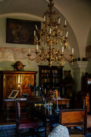 Cervena Lhota, South Bohemia, Czech Republic, 9 October 2021: Castle interior with baroque wooden...