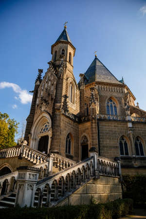 Trebon, South Bohemia, Czech Republic, 9 October 2021: Schwarzenberg family tomb at gothic style in Domanin at castle park near Renaissance chateau at sunny day, Historical landmark tourist attractionのeditorial素材