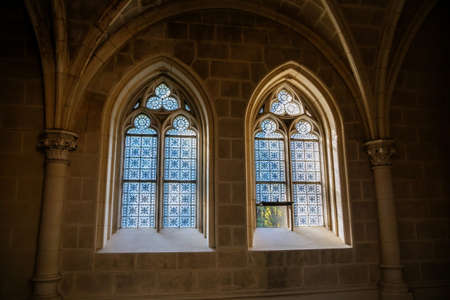 Trebon, South Bohemia, Czech Republic, 9 October 2021: Schwarzenberg family tomb at gothic style in Domanin near castle, Church interior, white stone walls, lancet windows with stained-glassのeditorial素材