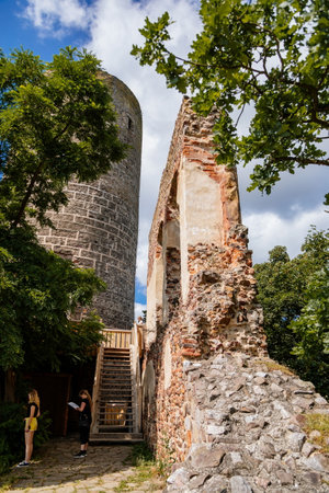Tocnik, Central Bohemia, Czech Republic, 31 July 2021: Ruins of medieval castle Zebrak on hill, old stronghold with stone tower, ancient gothic fortress at summer sunny day, landmark in countrysideのeditorial素材