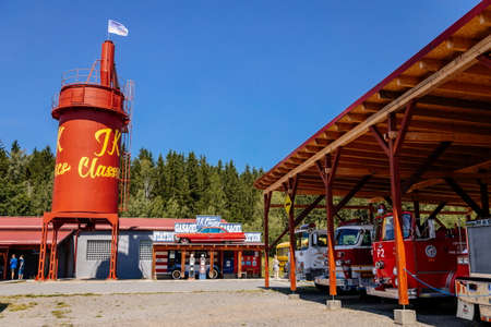 Luzna, Czech Republic, 31 July 2021: Vintage old historic cars displayed at Classic Automobile Museum of American veterans JK Classics, model of petrol station in countryside at summer sunny dayのeditorial素材