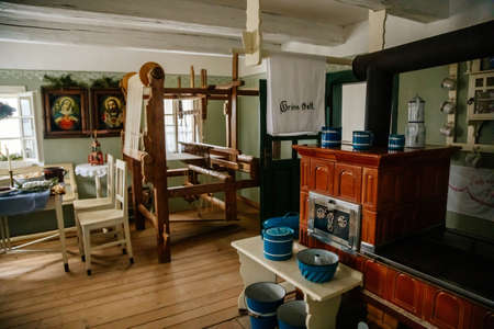 Kourim, Bohemia, Czech Republic, 26 December 2021: Interior of Traditional village house, ceramic...