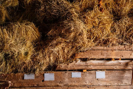 Kourim, Czech Republic, 26 December 2021: Inside rustic wooden old barn hay, Attic of hayloft, Bales dry straw, light beams farm, village rural lifestyle background, open-air ethnographic museumのeditorial素材