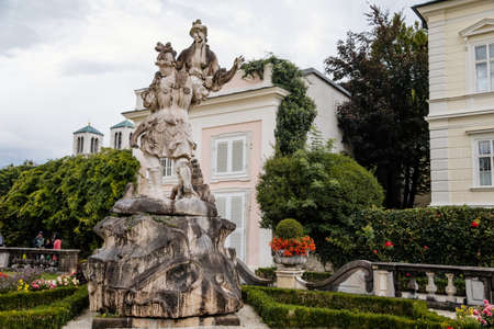 Salzburg, Austria, 28 August 2021: Famous Mirabell gardens near palace, geometrically arranged park,...