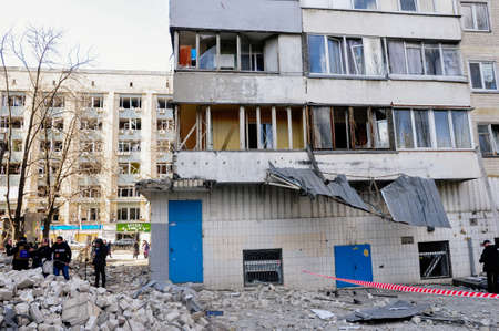 Kyiv, Ukraine, 17 March 2022: War of Russia against Ukraine. A residential building damaged by enemy...