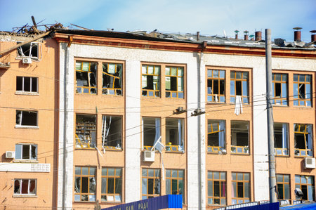 Kyiv, Ukraine, 15 March 2022: War of Russia against Ukraine. A administrativel building damaged by enemy aircraft in Ukrainian capital Kyiv, apartments destroyed following Russian rocket attack cityのeditorial素材