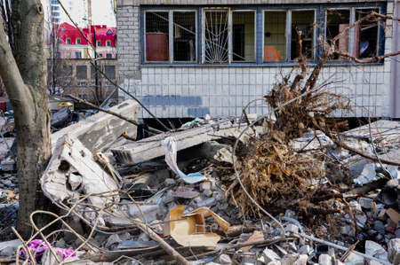 Kyiv, Ukraine, 17 March 2022: War of Russia against Ukraine. A residential building damaged by enemy...
