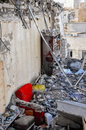 Kyiv, Ukraine, 17 March 2022: War of Russia against Ukraine. A residential building damaged by enemy...