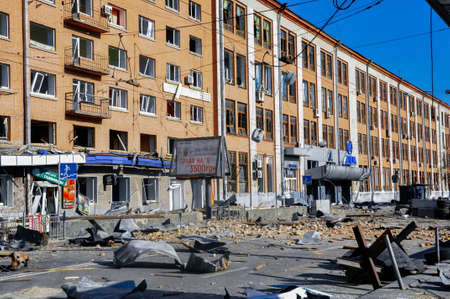 Kyiv, Ukraine, 17 March 2022: War of Russia against Ukraine. A residential building damaged by enemy aircraft in Ukrainian capital Kyiv, apartments destroyed following Russian rocket attack cityのeditorial素材