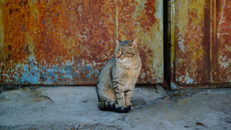 Street yard thoroughbred gray striped stray cat walking in town, Portrait of cute homeless abandoned...