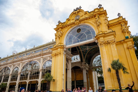 Marianske lazne, Czech Republic, 7 August 2021: Romantic architecture of Bohemia, spa city Marienbad, neo-Baroque Maxim Gorky's Colonnade with fountain, national cultural monument at sunny summer dayのeditorial素材