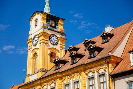 Cheb, Western Bohemia, Czech Republic, 14 August 2021: King George of Podebrady Square, Eger at sunny day, medieval colorful gothic historic renaissance and baroque buildings, town hall with towerのeditorial素材