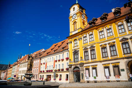Cheb, Western Bohemia, Czech Republic, 14 August 2021: King George of Podebrady Square, Eger at...