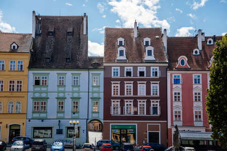 Cheb, Western Bohemia, Czech Republic, 14 August 2021: King George of Podebrady Square, Eger at sunny summer day, medieval colorful gothic merchant, historic renaissance and baroque buildingsのeditorial素材