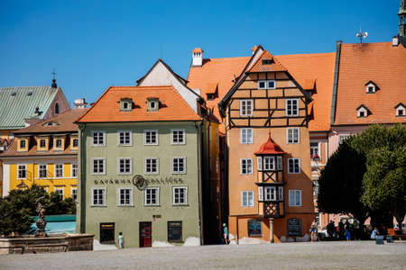 Cheb, Western Bohemia, Czech Republic, 14 August 2021: Complex of medieval colorful gothic merchant houses Spalicek at marketplace, King George of Podebrady Square, Eger, narrow picturesque streetのeditorial素材