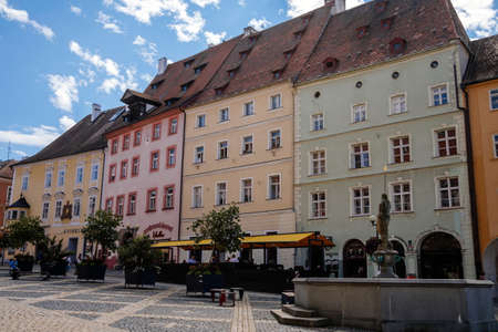 Cheb, Western Bohemia, Czech Republic, 14 August 2021: King George of Podebrady Square, Eger at sunny summer day, medieval colorful gothic merchant, historic renaissance and baroque buildingsのeditorial素材