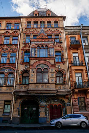 Saint Petersburg, Russia, 17 October 2021: Kolokolnaya Street profitable house with kokoshniks on facade by Nikolai Nikonov, Neo-Russian style, naked brickwork and multi-colored tiles, hipped roofsのeditorial素材