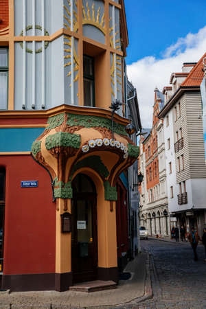 Riga, Latvia, 14 October 2021: Beautiful facade of colorful residential art nouveau secession...