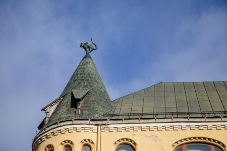 Riga, Latvia, 19 October 2021: Detail of Cat House, Narrow picturesque street, Facade of colorful buildings in historic center of medieval city, renaissance and baroque houses at summer sunny dayのeditorial素材