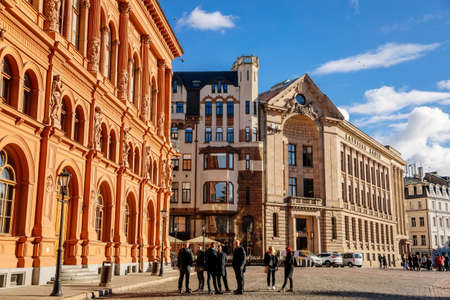 Riga, Latvia, 19 October 2021: facade of Red latvian museum of foreign art and historic radio...