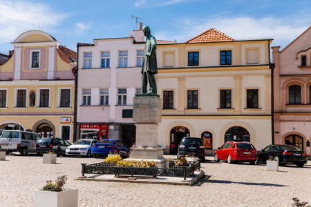 Litomysl, Czech Republic, 17 April 2022: Smetana Square or Smetanovo namesti with medieval colorful merchant houses on sunny day, historic renaissance baroque, Monument buildings to Bedrich Smetanaのeditorial素材