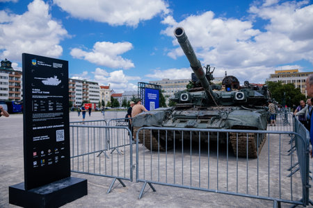 Prague, Czech Republic, 11 July 2022: Exhibition of Russian invasion weapons destroyed by Ukrainian defense on Letenske plani, war in Ukraine, T-90 third-generation Russian main battle tankのeditorial素材
