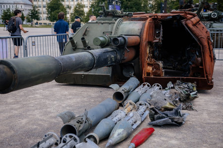 Prague, Czech Republic, 11 July 2022: Exhibition of Russian invasion weapons destroyed by Ukrainian...