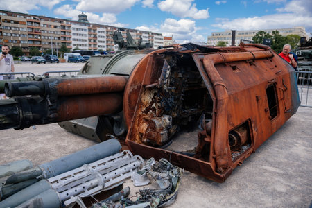 Prague, Czech Republic, 11 July 2022: Exhibition of Russian invasion weapons destroyed by Ukrainian defense on Letenske plani, war in Ukraine, self-propelled howitzer 2S19 Mstaのeditorial素材