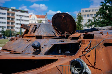 Prague, Czech Republic, 11 July 2022: Exhibition of Russian invasion weapons destroyed by Ukrainian defense on Letenske plani, war in Ukraine, Shturm Self-Propelled Anti-Tank Guided Missile Systemのeditorial素材