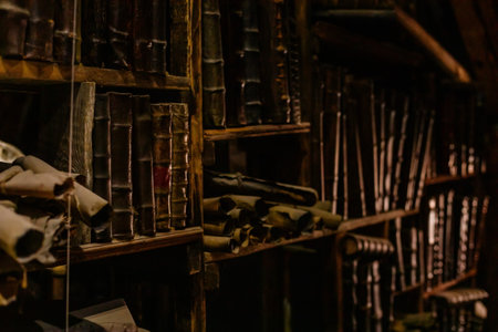 Prague, Czech Republic, 2 October 2022: Museum of Alchemists and Magicians, flasks, retorts chemical glassware, Mystic manuscripts in old library, antique bookcase in laboratoryのeditorial素材